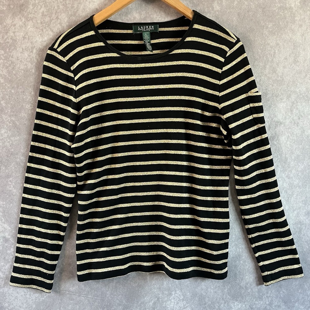 Lauren Ralph Lauren Top Women PL Black Gold Metallic Striped Long Sleeve Crew